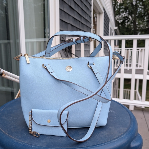 Anne Klein Light Blue Satchel Crossbody Purse with Matching Card Wallet - Picture 1 of 7
